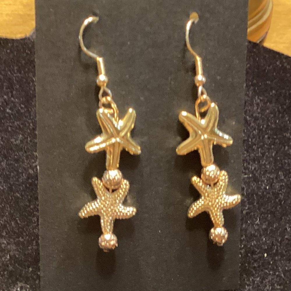 Goldtone Textured and Shiny Dimensional Starfish Drop Earrings